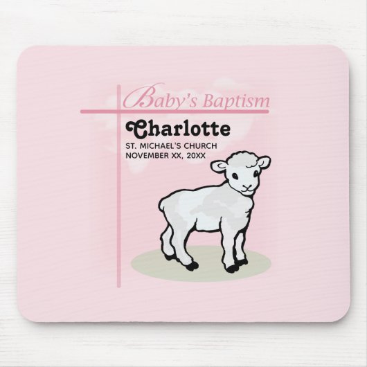 Anpassbar, Taufe, Rosa, Mädchen, Lamm Mousepad (Vorne)