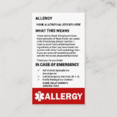 Anpassbare Allergiewarnkarte Visitenkarte (Rückseite)