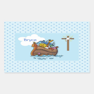 Anpassbare Arche-Noah-Taufe für Babys, Junge Blau Rechteckiger Aufkleber