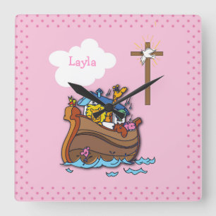 Anpassbare Arche-Noah-Taufe, Mädchen Rosa Quadratische Wanduhr