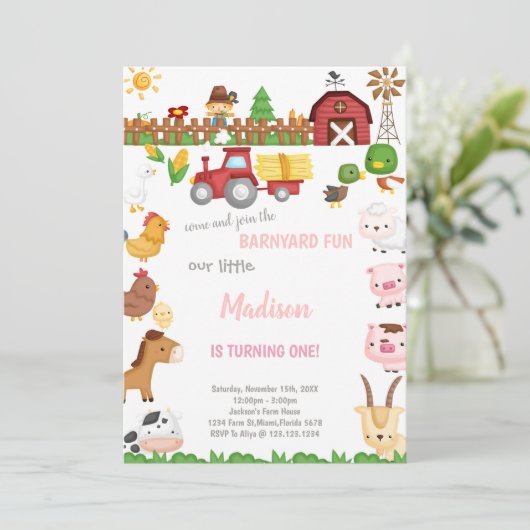 Anpassbare Barnyard Geburtstagseinladungen Einladung (Stehend Vorderseite)