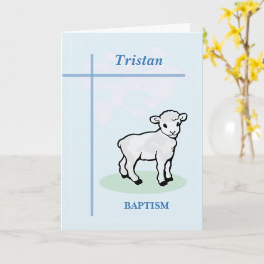 Anpassbare Bezeichnung Taufe Blauer Junge Lamm Karte (Gelbe Blume)