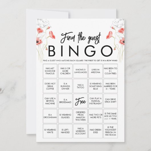Anpassbare Bingo-Game-Karte für Elegante Wildblume Einladung (Vorderseite)