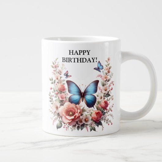 Anpassbare blaue Schmetterlings-Blumenkunst-96279 Jumbo-Tasse (Rechts)
