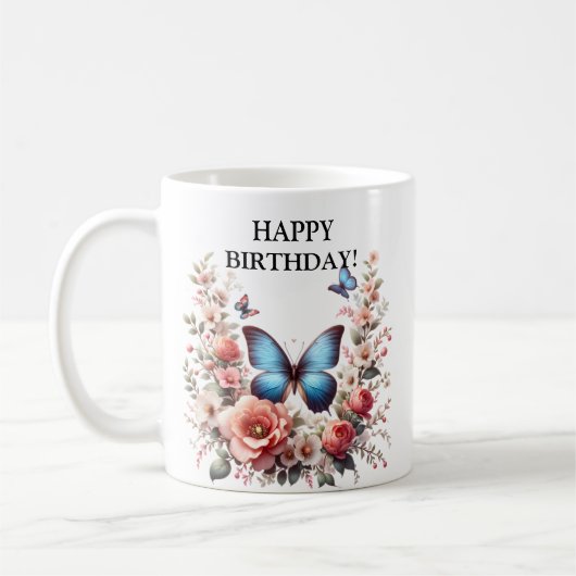 Anpassbare Blaue Schmetterlings-Blumenkunst-96279 Kaffeetasse (Links)