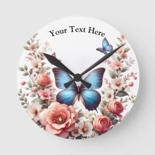 Anpassbare Blaue Schmetterlings-Blumenkunst-96279 Runde Wanduhr