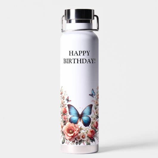 Anpassbare Blaue Schmetterlings-Blumenkunst-96279 Trinkflasche (Rückseite)