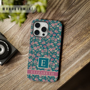 Anpassbare Blaugrüne Florale Rosa Blumen iPhone 15 Pro Max Hülle