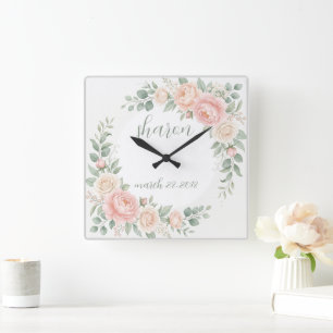 Anpassbare Blumen-Wanduhr im Wasserfarben-Stil Quadratische Wanduhr