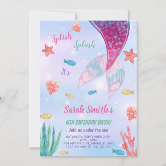 Anpassbare dunkelrosa Meerjungfrau zum Geburtstag Einladung (Vorderseite)