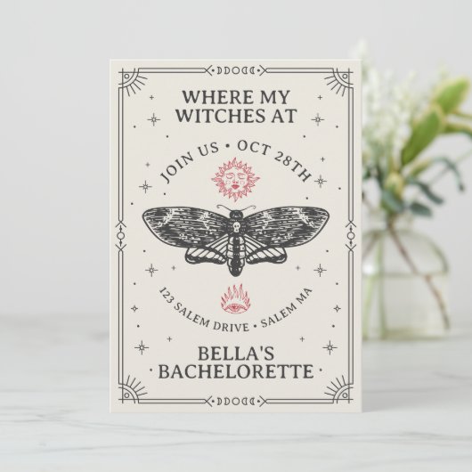 Anpassbare Dunkle Boho Coven Bachelorette Einladung (Stehend Vorderseite)