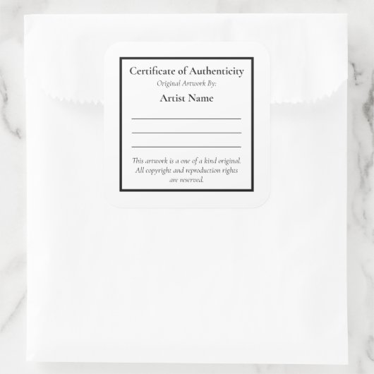 Anpassbare Echtheitsbescheinigung Quadratischer Aufkleber (Tasche)