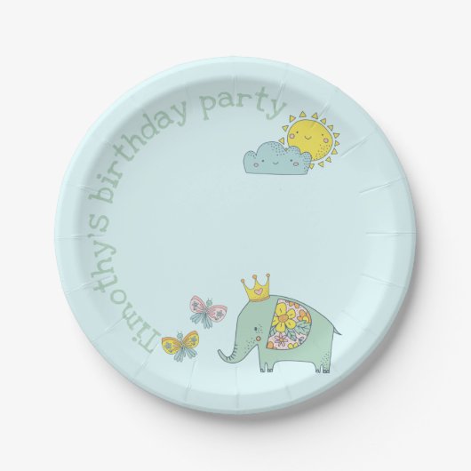 Anpassbare Elefanten und Schmetterlinge zum Geburt Pappteller (Vorderseite)