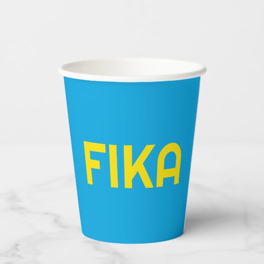 Anpassbare FIKA Fett gelb und blau Pappbecher (Rückseite)