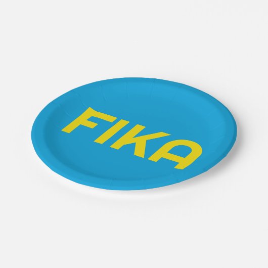 Anpassbare FIKA Fett gelb und blau Pappteller (Schrägansicht)