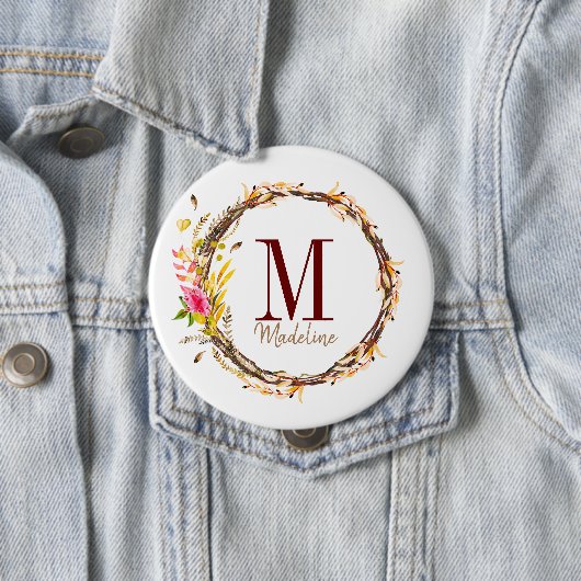 Anpassbare florale Monogramm-Herbstblätter Button (Beispiel)