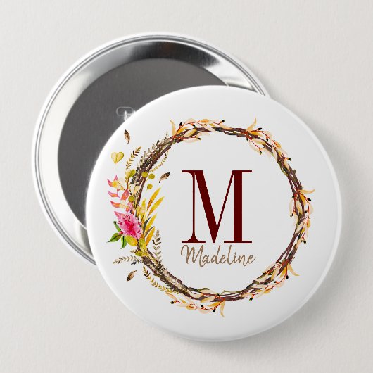Anpassbare florale Monogramm-Herbstblätter Button (Vorne & Hinten)