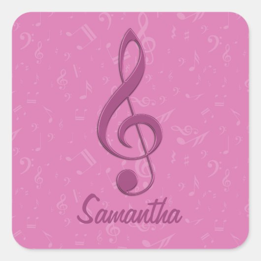 Anpassbare Girly Pink Clef- und Musiknotizen Quadratischer Aufkleber (Vorderseite)