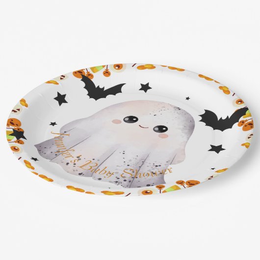 Anpassbare Halloween-Babyduschplatte Pappteller (Schrägansicht)