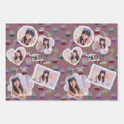 Anpassbare Happy Birthday Cupcake Foto Collage Geschenkpapier Set (Vorderseite)