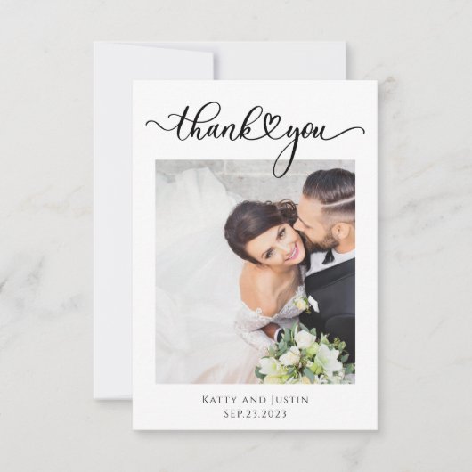 Anpassbare Minimalistische Script Heart Wedding Fo Dankeskarte (Vorderseite)