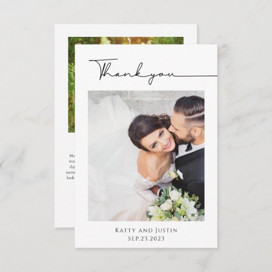 Anpassbare Minimalistische Script Heart Wedding Fo Dankeskarte (Vorne/Hinten)