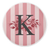 Anpassbare Monogramm Rosa Streifen Cabbage-Rose Keramikknauf (Vorderseite)