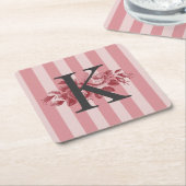 Anpassbare Monogramm Rosa Streifen Cabbage-Rose Rechteckiger Pappuntersetzer (angewinkelt)