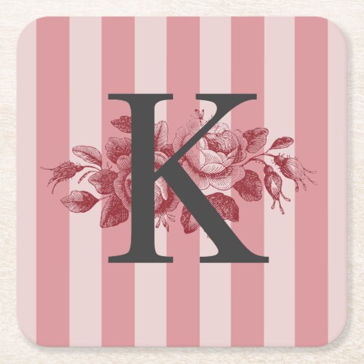Anpassbare Monogramm Rosa Streifen Cabbage-Rose Rechteckiger Pappuntersetzer (Vorderseite)