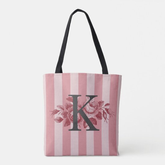 Anpassbare Monogramm Rosa Streifen Cabbage-Rose Tasche (Rückseite)
