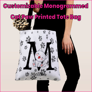 Anpassbare monogrammierte Katzenpfoten-bedruckte T Tasche