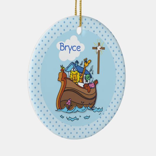 Anpassbare Noah's Ark Baby Taufe, Boy Blue Keramikornament (Rechts)