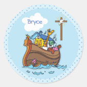 Anpassbare Noah's Ark Baby Taufe, Boy Blue Runder Aufkleber (Vorderseite)