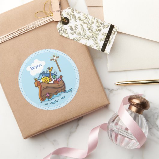 Anpassbare Noah's Ark Baby Taufe, Boy Blue Runder Aufkleber (Schenken)