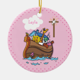 Anpassbare Noahs Ark Baby Taufe, Girl Pink Keramikornament