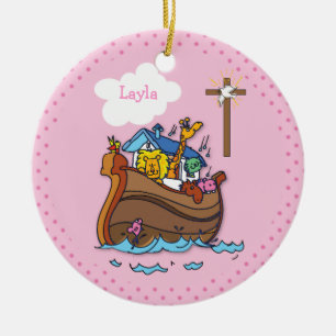 Anpassbare Noahs Ark Baby Taufe, Girl Pink Keramikornament