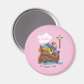 Anpassbare Noahs Ark Baby Taufe, Girl Pink Magnet (Vorderseite/Rückseite)