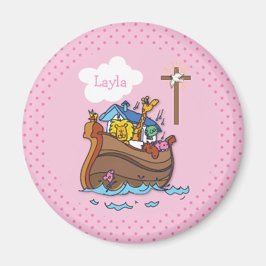 Anpassbare Noahs Ark Baby Taufe, Girl Pink Magnet (Vorne)
