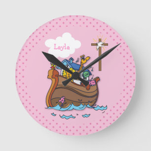 Anpassbare Noahs Ark Baby Taufe, Girl Pink Runde Wanduhr