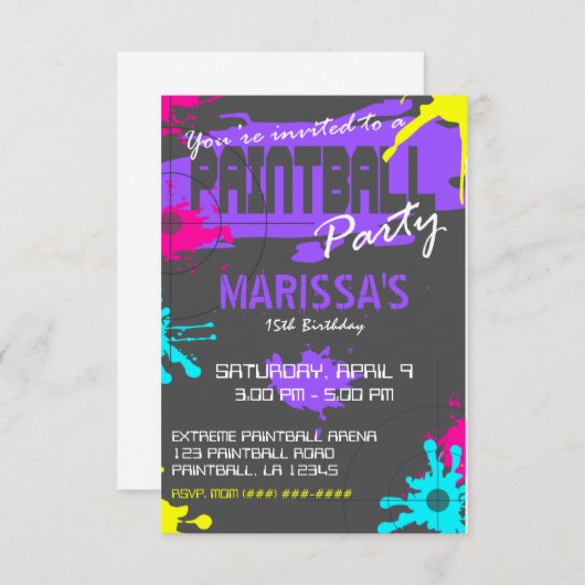 anpassbare PAINTBALL-PARTY EINLADUNG (Vorne/Hinten)
