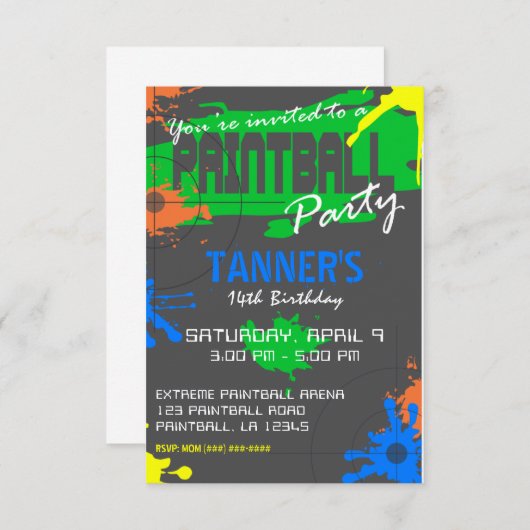 anpassbare PAINTBALL-PARTY EINLADUNG (Vorne/Hinten)