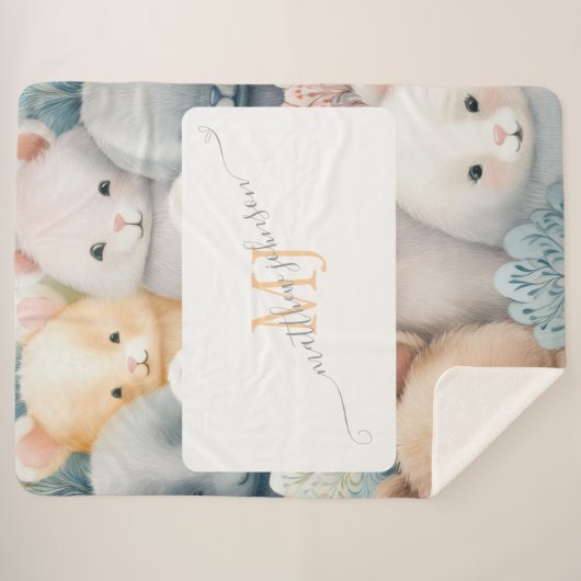 Anpassbare Pastelltiere mit Name und Monogramm Sherpadecke (Vorderseite (Horizontal))