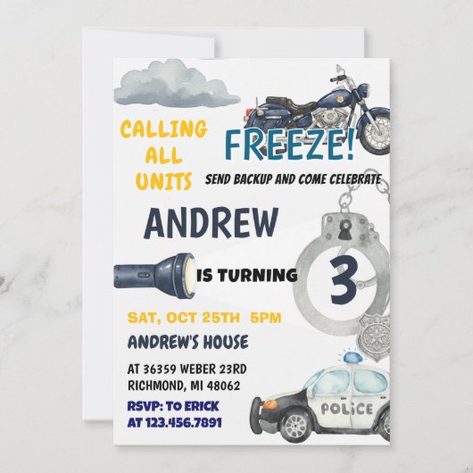 Anpassbare Polizei-Kindergeburtstagsfeier Einladung (Vorderseite)