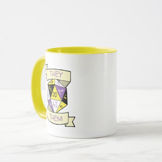 Anpassbare Pronomen Nicht binäre D20-TTRPG-Würfel Tasse (Vorderseite Links)