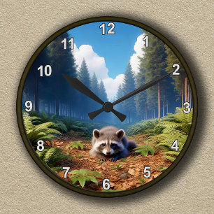 Anpassbare Raccoon-Uhr für den verzauberten Wald Runde Wanduhr