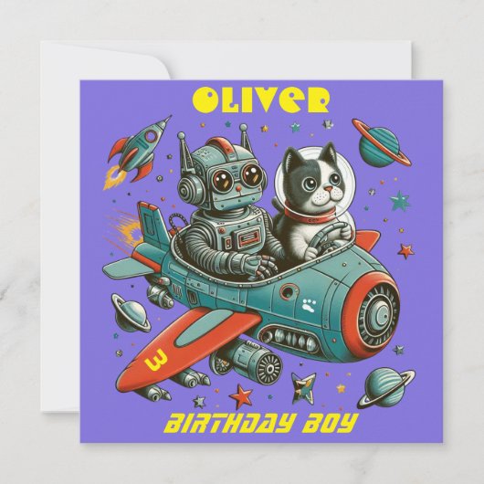 Anpassbare Retro-Roboter und -Katze im Weltraum (Vorderseite)