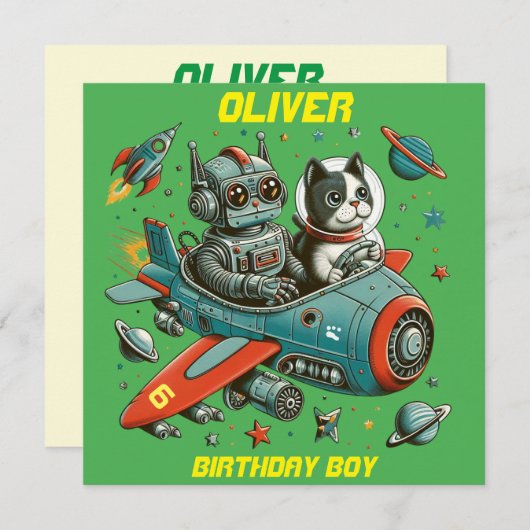 Anpassbare Retro-Roboter und -Katze im Weltraum Einladung (Vorne/Hinten)