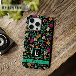 Anpassbare schwarze Blumen pink grüne Blumen iPhone 15 Pro Max Hülle