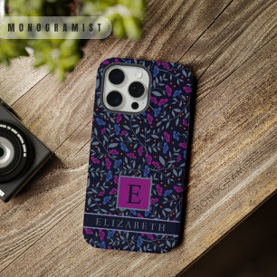 Anpassbare schwarze florale dunkel lila blaue Blum iPhone 15 Pro Max Hülle