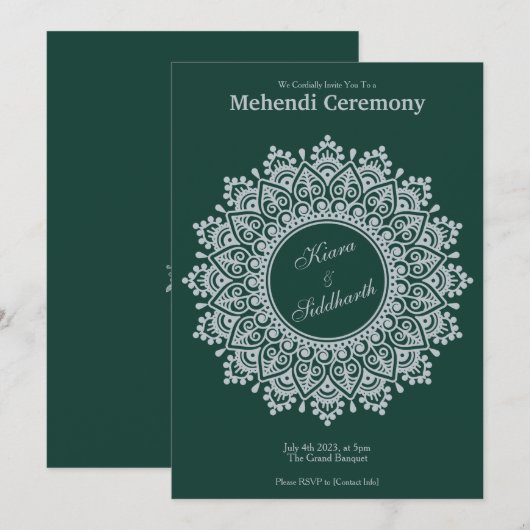 Anpassbare Silver Emerald Mehendi Henna Indian Einladung (Vorne/Hinten)